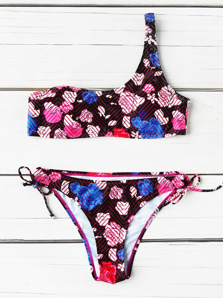 Shein Calico Print One Shoulder Side Tie Bikini Set