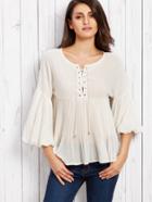 Shein Beige Bell Sleeve Lace Up Pleated Blouse