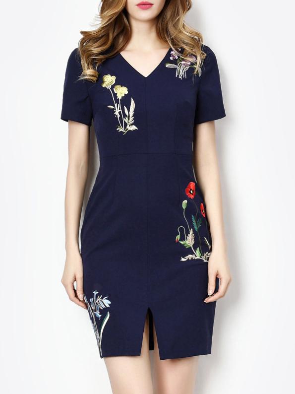 Shein Navy V Neck Flowers Embroidered Sheath Dress