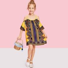Shein Girls Ornate Print Cold Shoulder Cami Dress
