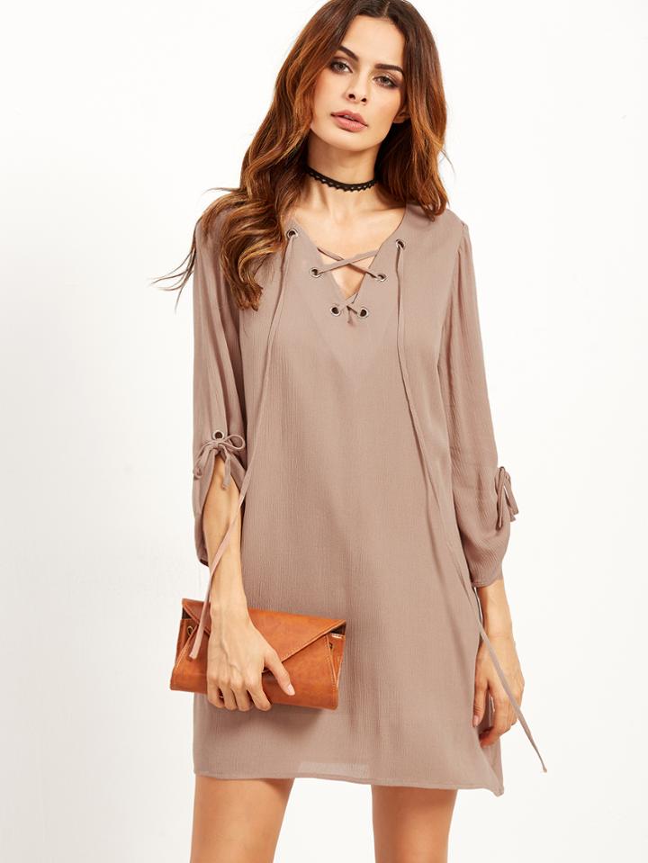 Shein Coffee Lace Up V Neck Tunic Dress