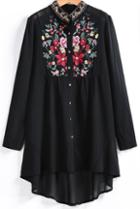 Shein Black Long Sleeve Embroidered Dipped Hem Blouse