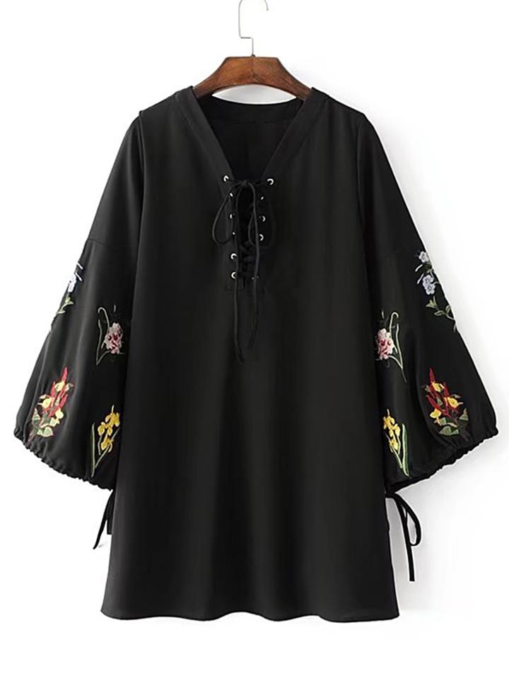 Shein Eyelet Lace Up V Neck Drop Shoulder Embroidery Dress