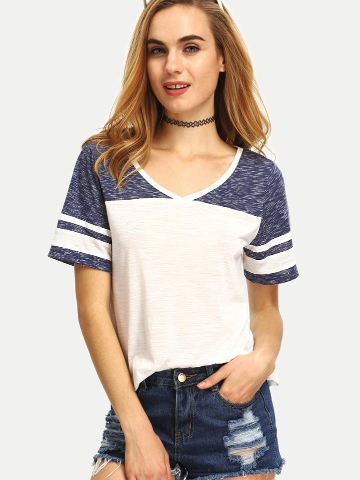 Shein Multicolor Patchwork V Neck Short Sleeve T-shirt