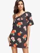 Shein Black Flower Print Ruffle One Shoulder Dress