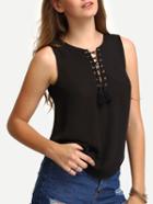 Shein Tasselled Lace-up Neck Black Tank Top