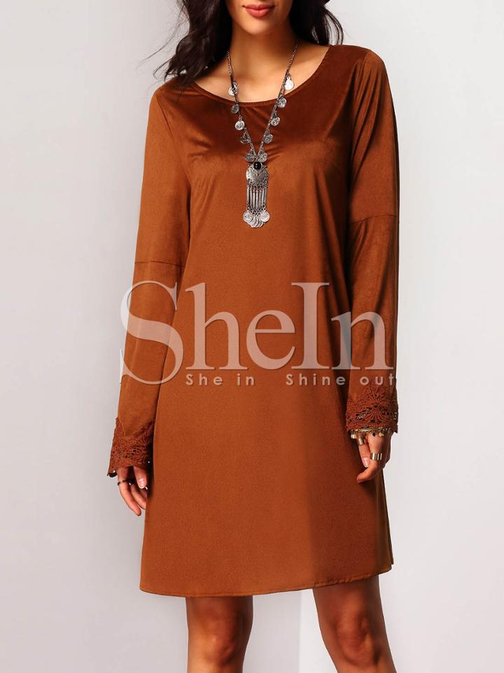 Shein Brown Lace Cuff Keyhole Back Dress