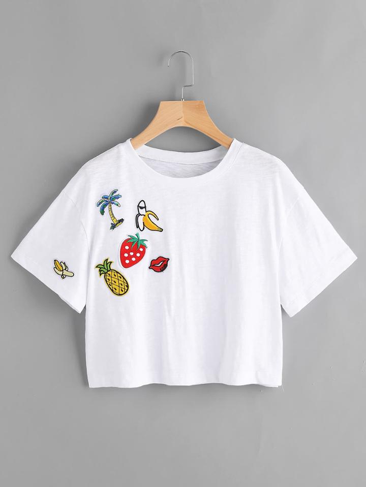 Shein Lovely Patch Detail Crop Slub Tee