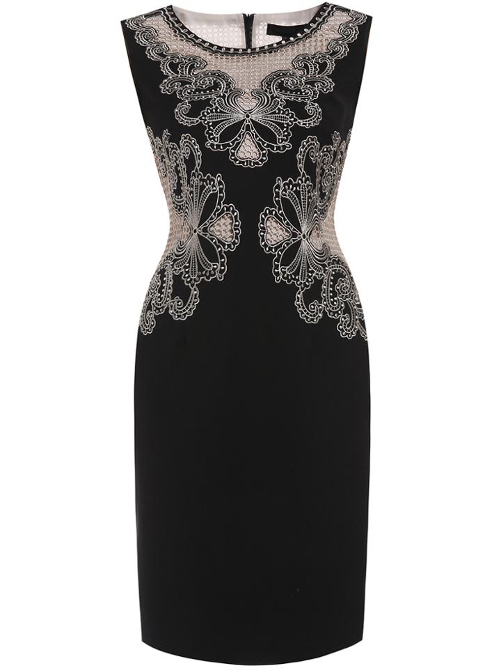 Shein Black Crew Neck Embroidered Mesh Sheath Dress