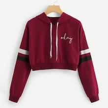 Shein Drawstring Hoodie Letter Print Crop Sweatshirt