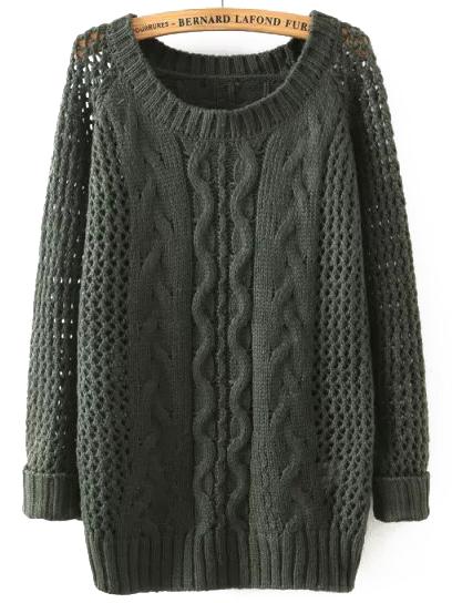 Shein Green Round Neck Hollow Cable Knit Sweater