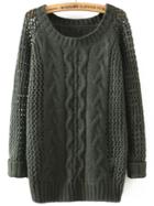 Shein Green Round Neck Hollow Cable Knit Sweater