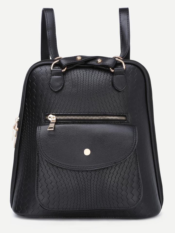 Shein Black Embossed Flap Pocket Pu Backpack