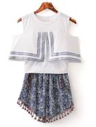 Shein White Cold Shoulder Blouse With Tassel Vintage Shorts