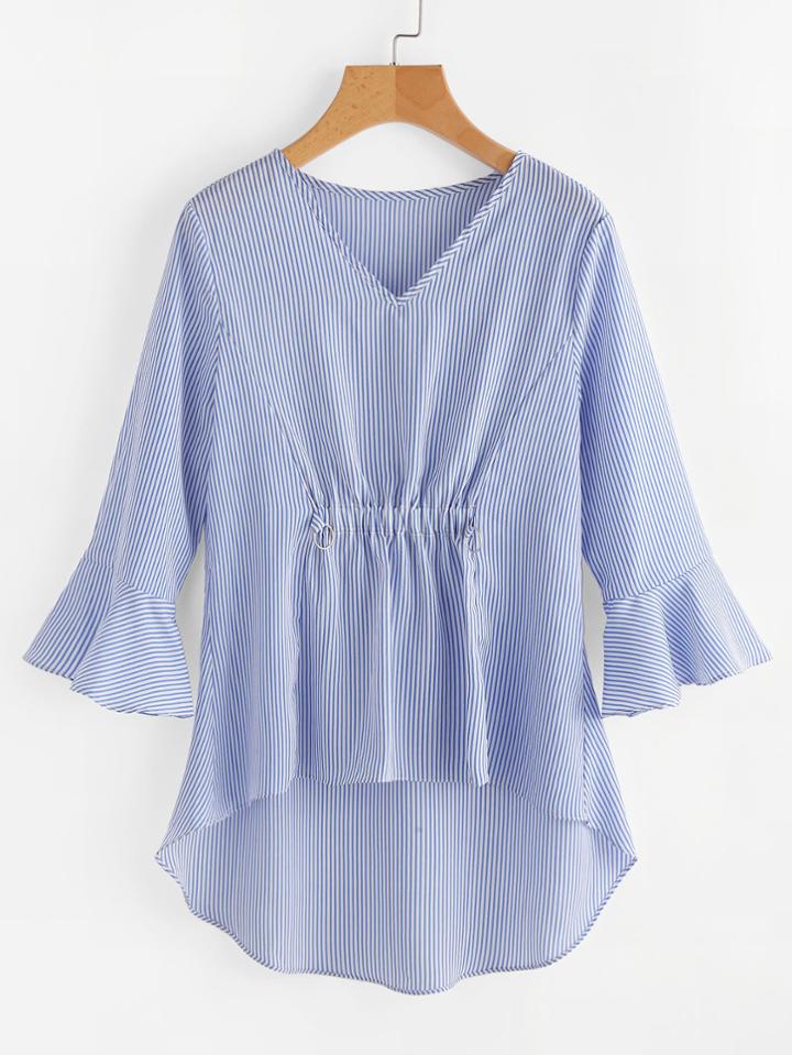 Shein Vertical Striped O-ring Detail Dip Hem Blouse
