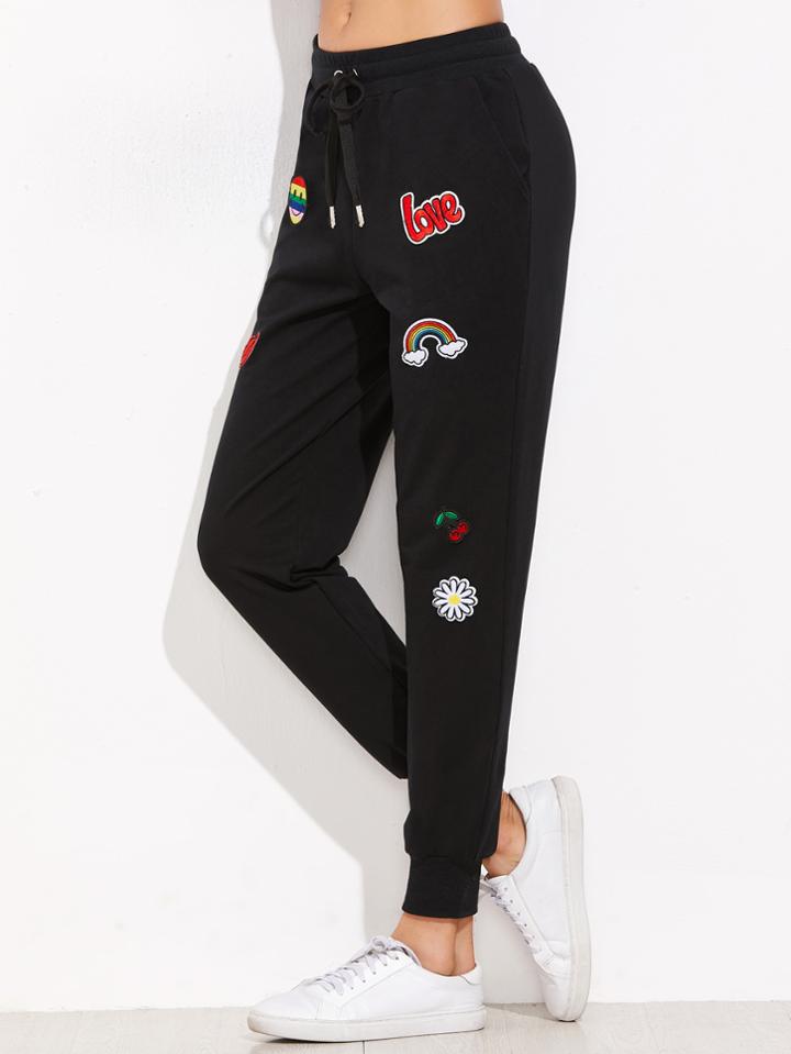 Shein Drawstring Sweatpants With Embroidered Patch Detail