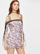 Shein Strappy Cold Shoulder Lace Up Sleeve Blossom Print Playsuit