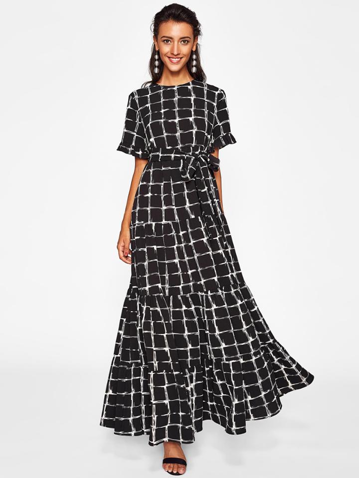 Shein Frilled Sleeve Brush Stroke Grid Tiered Dress