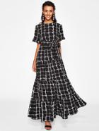 Shein Frilled Sleeve Brush Stroke Grid Tiered Dress