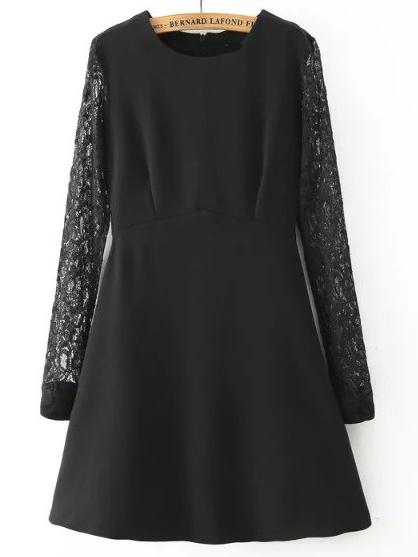 Shein Black Crew Neck Lace Long Sleeve Slim Dress