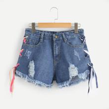 Shein Criss Cross Side Ripped Denim Shorts