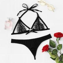 Shein Plus Eyelash Lace Halter Lingerie Set