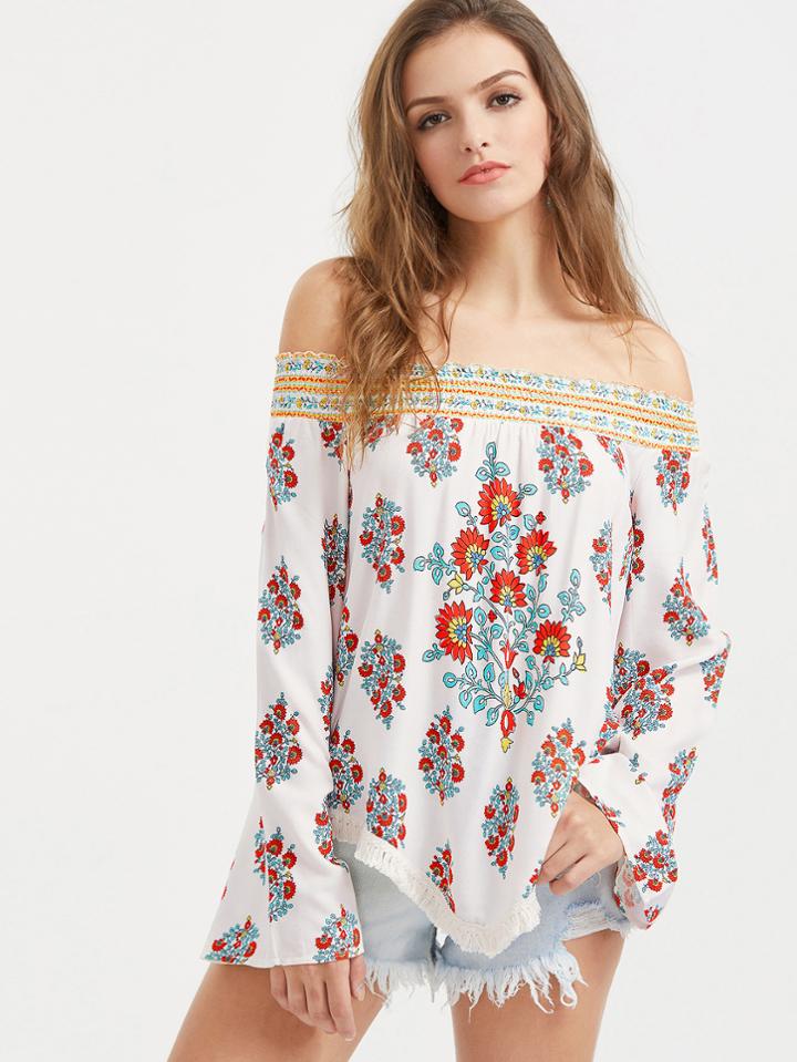 Shein Floral Print Off The Shoulder Fringe Hem Top