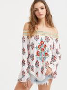 Shein Floral Print Off The Shoulder Fringe Hem Top