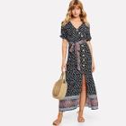 Shein Roll Sleeve Asymmetric Buttoned Placket Paisley Dress