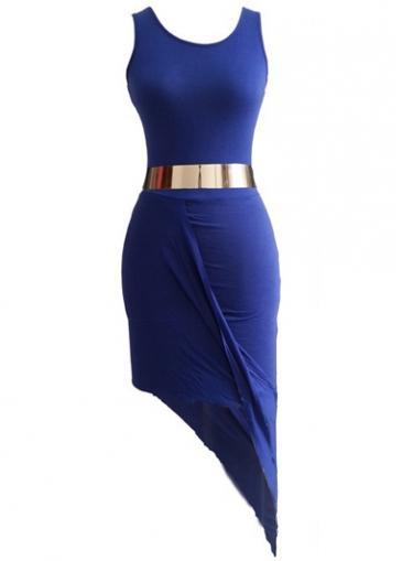 Rosewe Glamorous Open Back Round Neck High Low Dress Blue