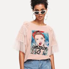 Shein Lace Panel Figure Patch Tee