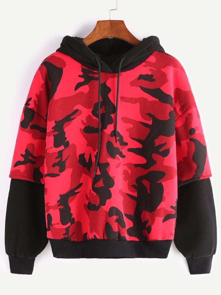 Shein Burgundy Hooded Contrast Sleeve Camo Sweatshirt