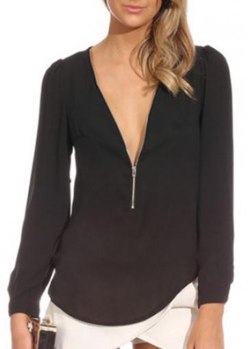 Rosewe Laconic Solid Black V Neck Long Sleeve T Shirt