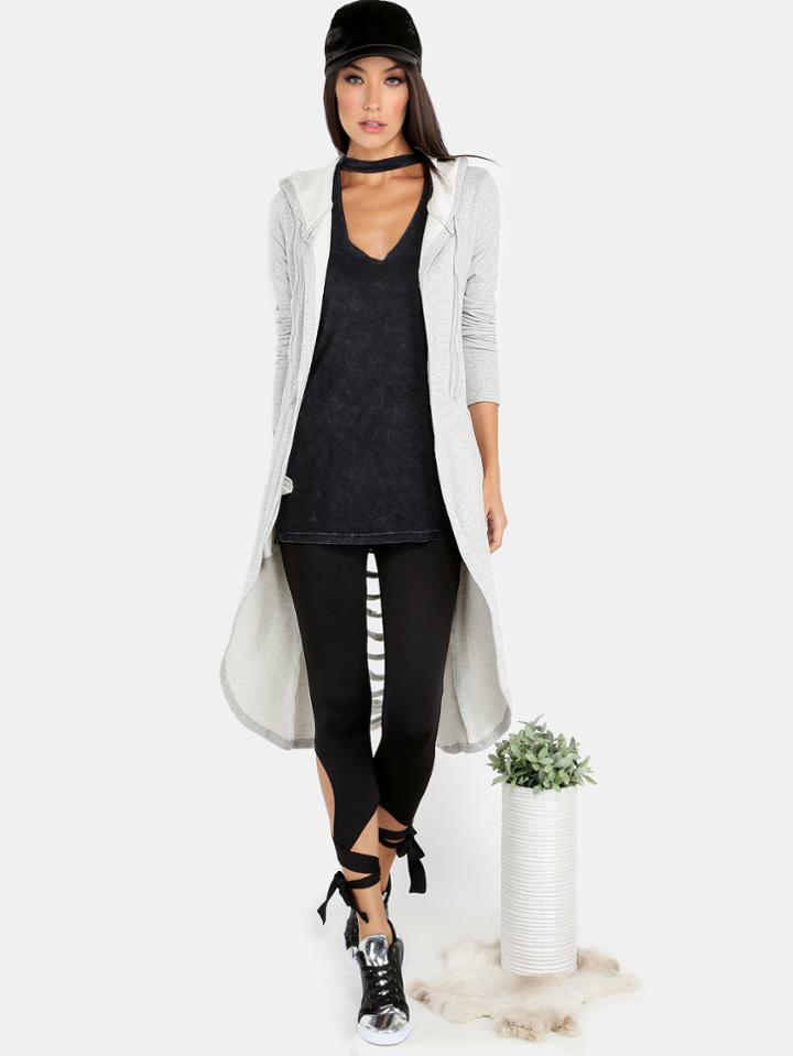 Shein Slashed Open Front Hooded Sweater Heather Grey