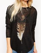 Shein Black Long Sleeve Feather Print Loose T-shirt