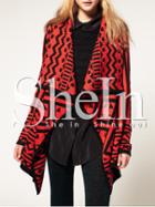 Shein Red Long Sleeve Lapel Geometric Print Sweater