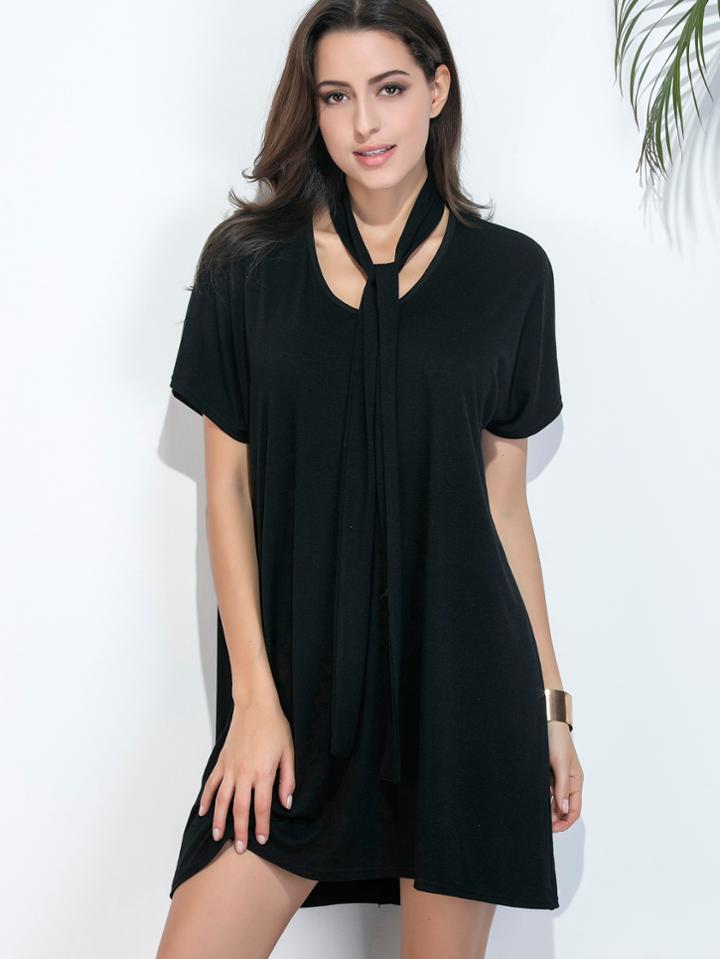 Shein Black Dolman Sleeve Neck Tie Tee Dress