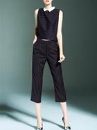 Shein Black Striped Lapel Top With Pockets Pants