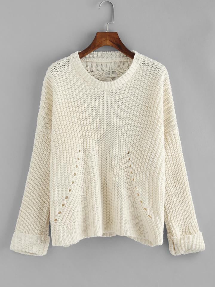 Shein Eyelet Detail Shredded Back Chunky Knit Sweater