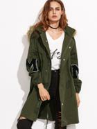 Shein Olive Green Drawstring Utility Coat With Faux Fur Trim Hood