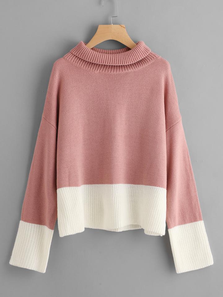 Shein Roll Neck Contrast Cuff And Hem Jumper