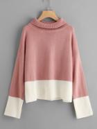 Shein Roll Neck Contrast Cuff And Hem Jumper