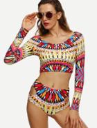 Shein Multicolor Geometric Print Cutout Rash Guard Swimwear