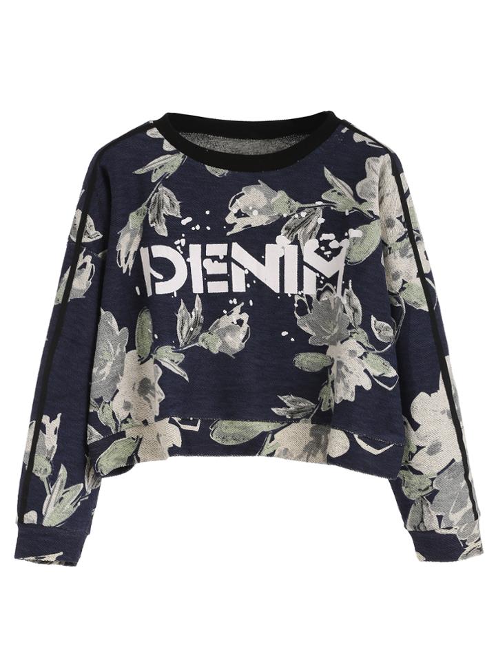 Shein Navy Floral And Letter Print Crop Sweatshirt