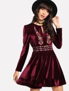 Shein Buttoned Keyhole Front Embroidered Velvet Dress