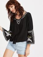 Shein Black Embroidered Split Sleeve Tassel Tie Blouse