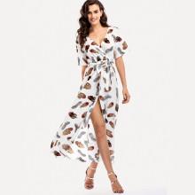 Shein Feather Print Surplice Wrap Tie Waist Dress