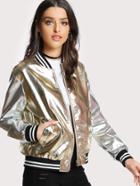 Shein Striped Trim Faux Leather Bomber Jacket