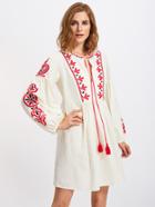 Shein Tasseled Tie Lantern Sleeve Ukrainian Embroidered Dress