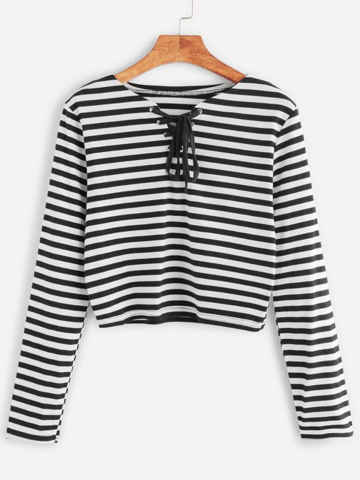 Shein Contrast Striped Lace Up Crop T-shirt
